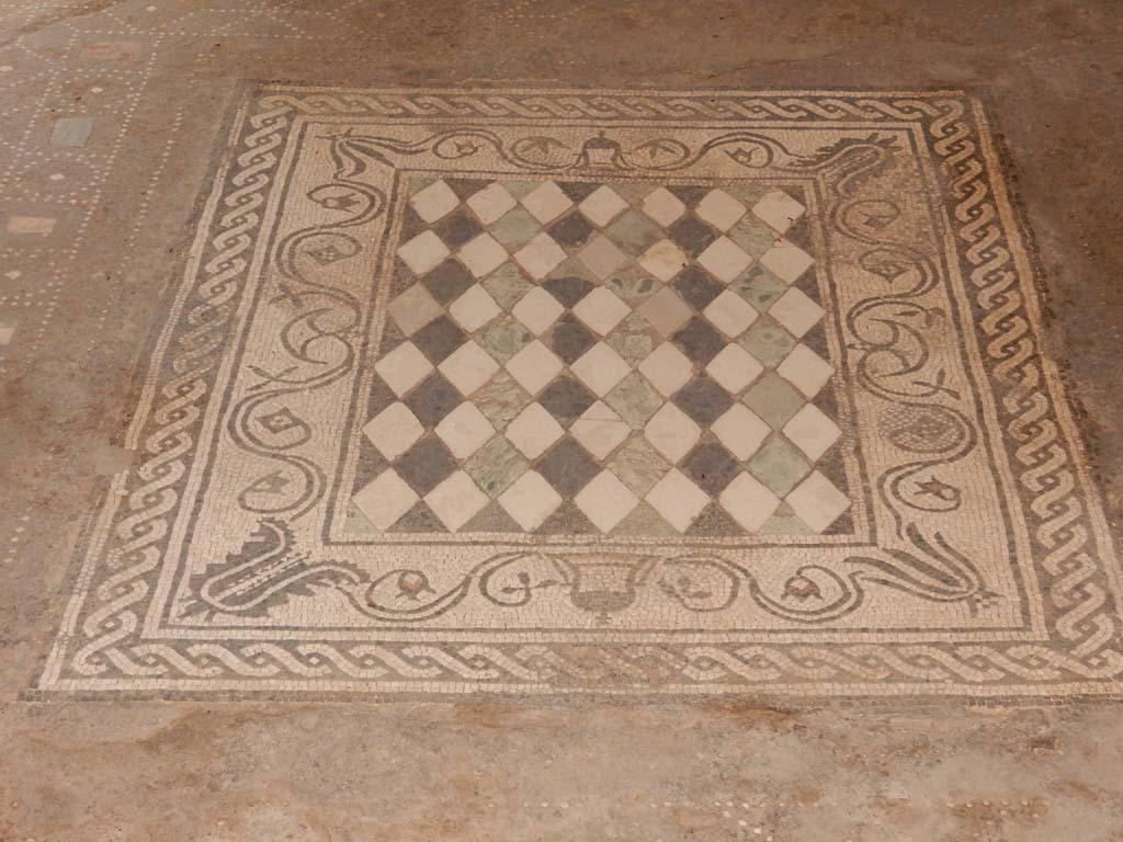 I.6.15 Pompeii. June 2019. 
Room 6, looking south across mosaic emblema in centre of floor in tablinum. Photo courtesy of Buzz Ferebee.
