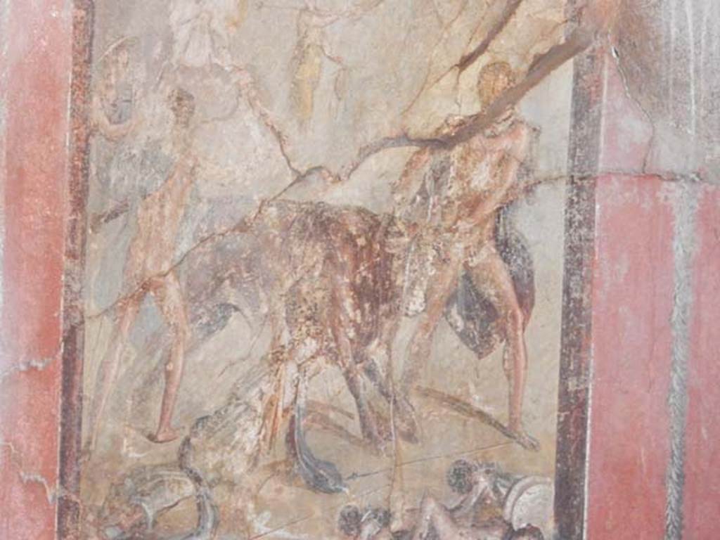 I.10.4 Pompeii. May 2015. Room 15, south wall.  Detail from wall painting of the Punishment of Dirce. Photo courtesy of Buzz Ferebee.

