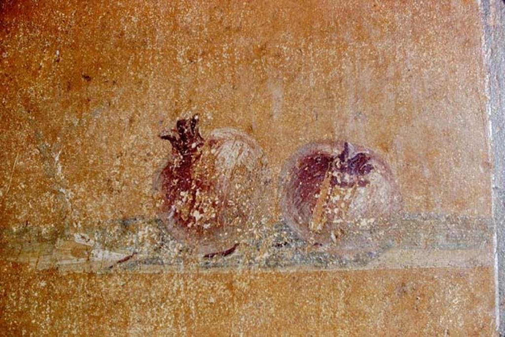 I.10.4 Pompeii. 1968. Painted pomegranates, from west wall of atrium, on south side of doorway to room 7. Photo by Stanley A. Jashemski.
Source: The Wilhelmina and Stanley A. Jashemski archive in the University of Maryland Library, Special Collections (See collection page) and made available under the Creative Commons Attribution-Non Commercial License v.4. See Licence and use details.
J68f2040
