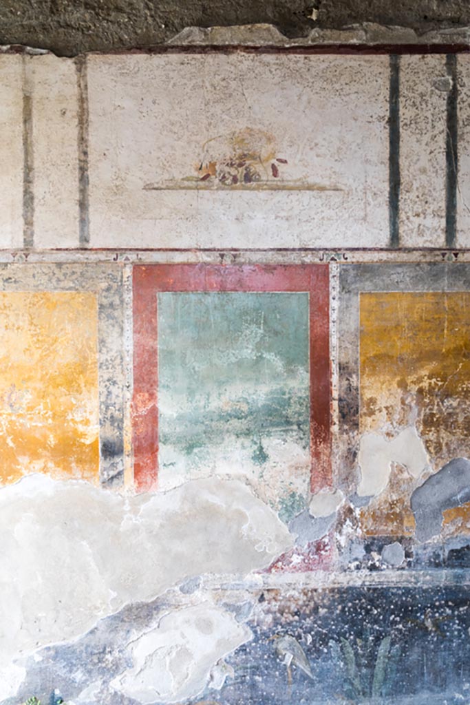 II.1.12 Pompeii. July 2021. 
Triclinium, central panels from south wall. Photo courtesy of Johannes Eber.
