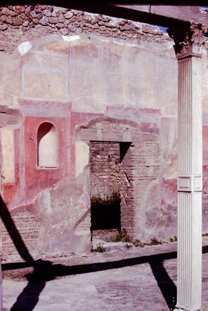 II.4.6 Pompeii, 1978. West wall of portico, with niche and remains of painted wall decoration, and doorway on north side of summer triclinium. Photo by Stanley A. Jashemski.   
Source: The Wilhelmina and Stanley A. Jashemski archive in the University of Maryland Library, Special Collections (See collection page) and made available under the Creative Commons Attribution-Non Commercial License v.4. See Licence and use details. J78f0205
