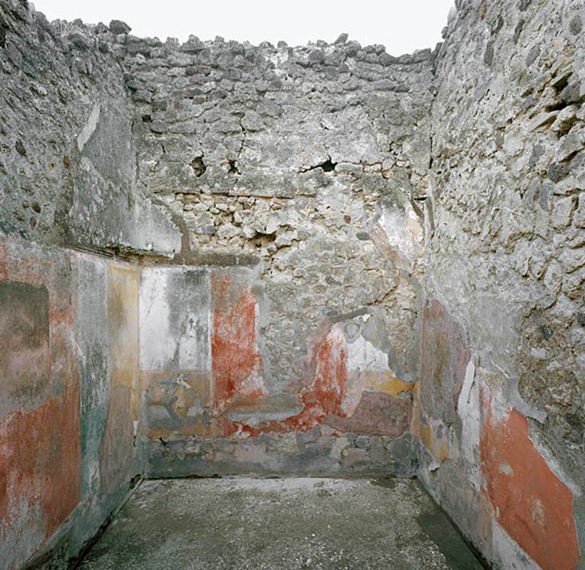 V.1.18 Pompeii. December 2007. Large rear room or triclinium “m”, at end of corridor leading north from peristyle. Looking east.
According to NdS, this large triclinium had painted walls which were half yellow and half black.
The colours were separated by painted elegant Ionic columns, between which hung garlands of ivy.
See Notizie degli Scavi di Antichità, Gennaio 1876, (p. 77)
