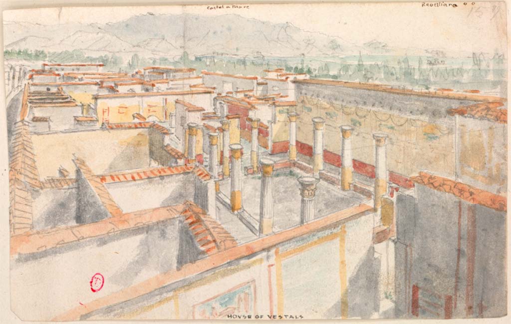 VI.1.7/26 Pompeii. c.1819 sketch by W. Gell, looking south towards peristyle, from above room 16.
See Gell W & Gandy, J.P: Pompeii published 1819 [Dessins publiés dans l'ouvrage de Sir William Gell et John P. Gandy, Pompeiana: the topography, edifices and ornaments of Pompei, 1817-1819], pl. 16.
See book in Bibliothèque de l'Institut National d'Histoire de l'Art [France], collections Jacques Doucet Gell Dessins 1817-1819
Use Etalab Open Licence ou Etalab Licence Ouverte
