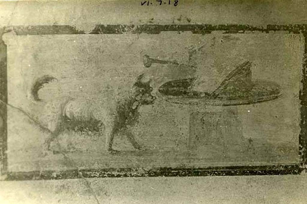 VI.7.18 Pompeii. 1937-39. Detail of panel on north wall of east portico showing a dog in front of a cylindrical podium.
Photo courtesy of American Academy in Rome, Photographic Archive. 
Warsher collection no. 1668.
