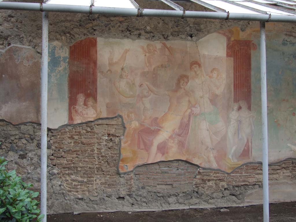 VI.7.18 Pompeii. December 2006. Large wall painting of Adonis ferito and Aphrodite in peristyle.  
In front of the left column are Chiron and Achilles with a lyre.
In front of the right column are Marsyas and Olympus with a lyre.
