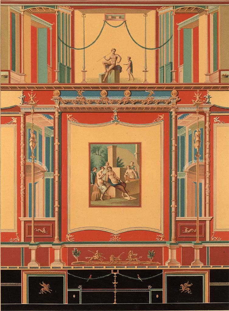 VI.8.3/5 Pompeii. Room 12, north wall of dining room. 1854 painting by Giuseppe Abbate published by Niccolini.
See Niccolini F, 1854. Le case ed i monumenti di Pompei: Volume Primo. Napoli, Tav. VI.
