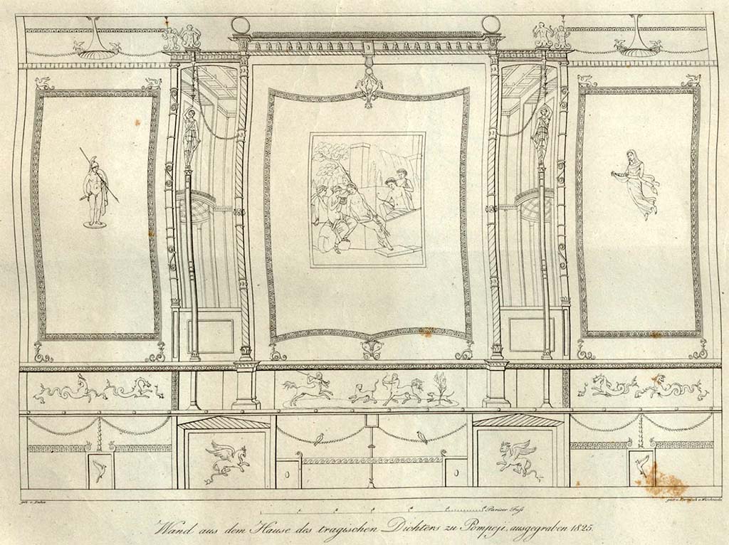 VI.8.3 Pompeii. Room 12, north wall of dining room. Drawing by Zahn published in 1828.
See Zahn, W., 1828. Die schönsten Ornamente und merkwürdigsten Gemälde aus Pompeji, Herkulanum und Stabiae: I. Berlin: Reimer, Taf. 23.
According to Gell: 
M. Zahn, an artist of merit, who copied this painting of Leda only a few days after its discovery, states that the drapery of that princess was green lined with blue, and that the robe of Tyndareus was black lined with green. Behind Leda was an attendant in a green garment; the habit of the person with the bow was yellow, and that of the last figure on the right hand green. It is difficult to reconcile this account with its appearance about a month afterwards, when the robe of Leda was red, and that of Tyndareus purple, and both have remained so from that period to the present hour.

The landscape is much faded in the background. The red usually changes to black, and the wall, with the picture of Leda, had, in the course of a year's exposure, assumed a darker hue in consequence.
See Gell, W, 1832.  Pompeiana: Vol 1.  London: Jennings and Chaplin, p. 173. 
