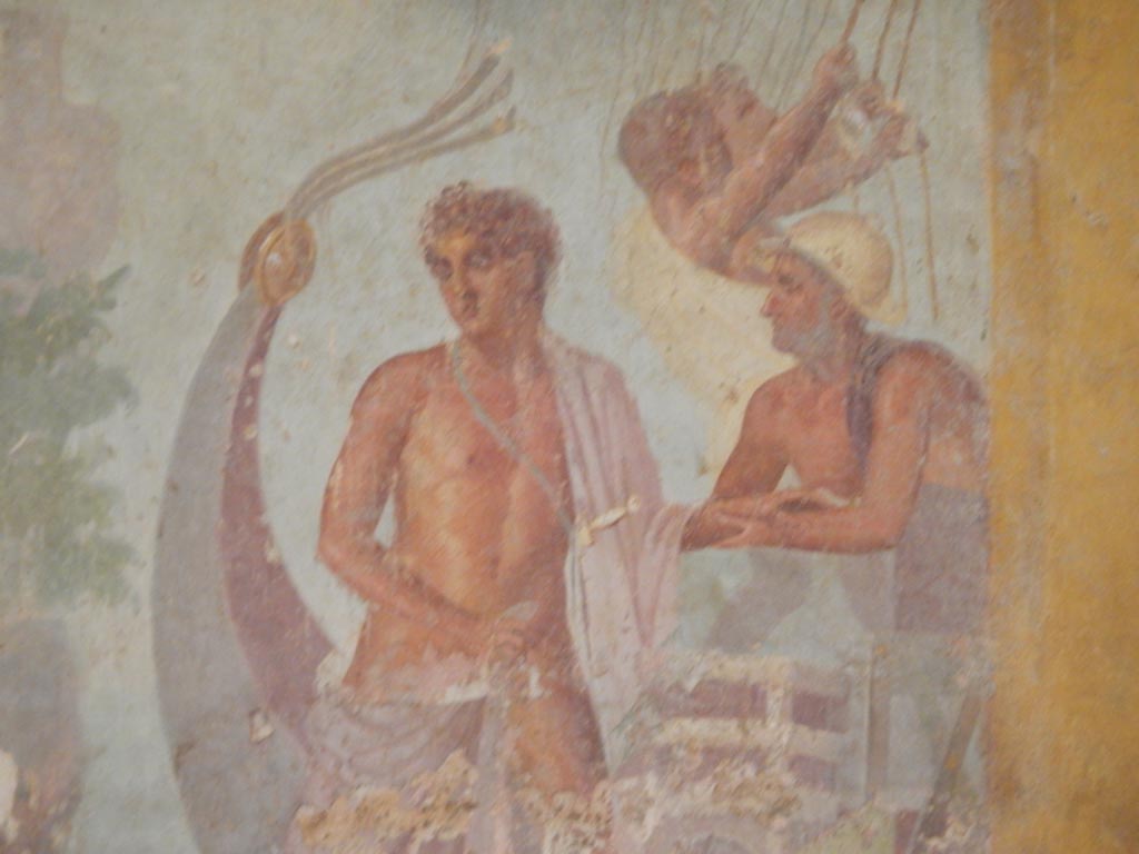VI.8.3/5 Pompeii. May 2015. 
Room 12, detail from central painting on east wall of Theseus going on board ship. Photo courtesy of Buzz Ferebee.
