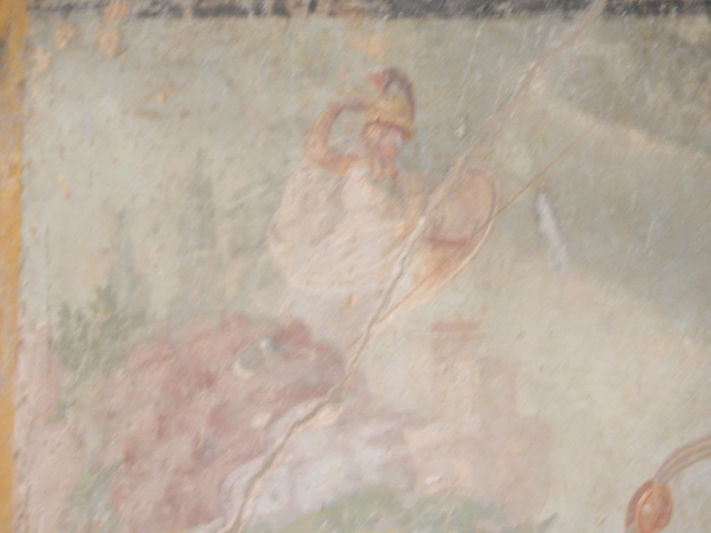 VI.8.3/5 Pompeii. May 2015. 
Room 12, detail from central painting on east wall, Athena dressed in white. Photo courtesy of Buzz Ferebee.
