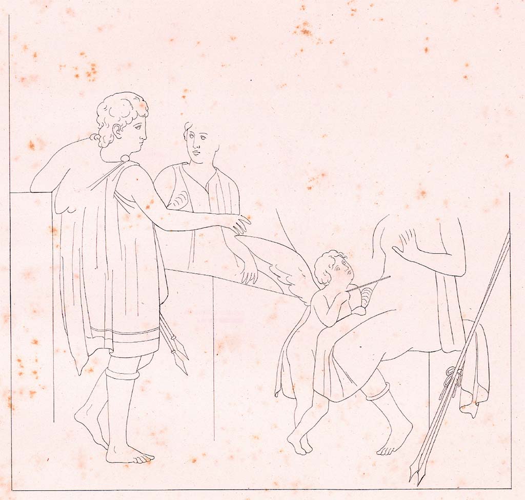 VI.8.3/5 Pompeii. c.1828. Room 12, south wall, drawing by Zahn, described as fragment of painting of Venus and Adonis.
See Zahn W. Neu entdeckte Wandgemälde in Pompeji gezeichnet von W. Zahn [ca. 1828], taf. 22. 
