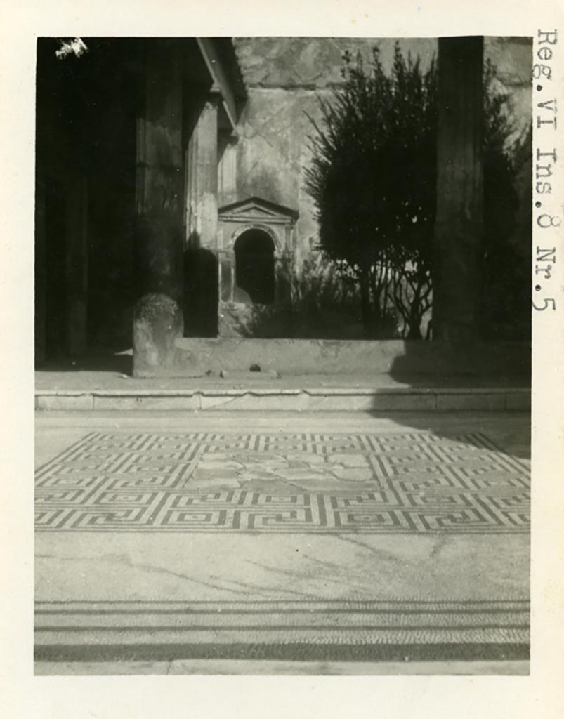 VI.8.5 Pompeii. Pre-1937-1939. Looking north across mosaic tablinum floor towards peristyle.
Photo courtesy of American Academy in Rome, Photographic Archive. Warsher collection no. 426.
