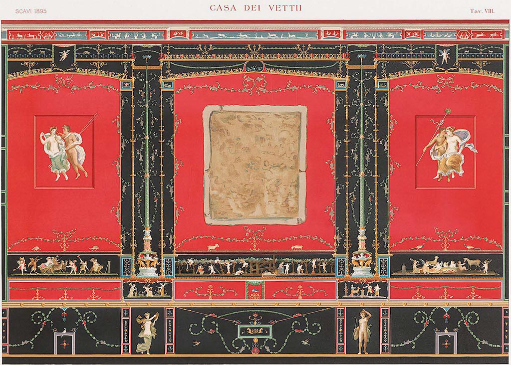 VI.15.1 Pompeii. c.1899. Painting by D’Amelio, showing north wall. 
See D’Amelio, P. (1899). Nuovi Scavi di Pompei, Casa dei Vettii appendice ai dipinti murali. (Tav. VIII.).
