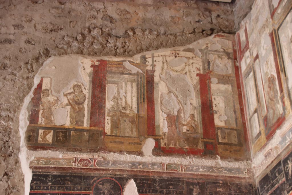 VI.15.1 Pompeii. October 2023. Upper north wall in north-west corner in room of the cupids or cherubs. Photo courtesy of Klaus Heese.