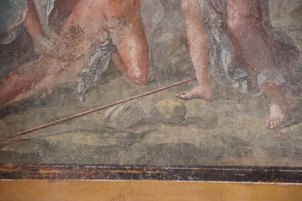 VI.15.1 Pompeii. October 2023. 
Detail from lower centre of painting of the death of Pentheus, from east wall of exedra. Photo courtesy of Klaus Heese.
