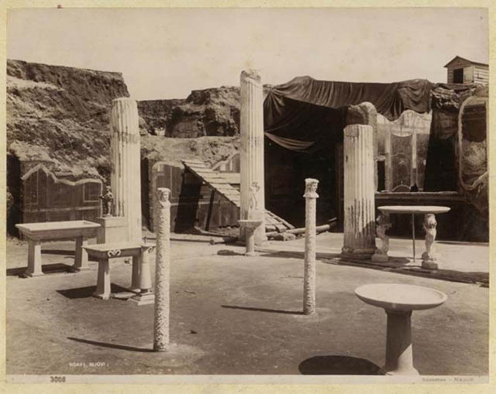 VI.15.1 Pompeii. Photo by G Sommer no. 3008, possibly 1894-95 during excavations. 
Looking north-east across peristyle garden showing ornaments in place. Photo courtesy of Rick Bauer.

