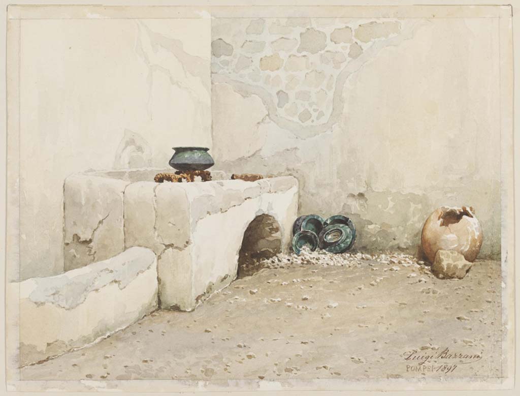 VI.15.1 Pompeii. 1897. 
Watercolour by Luigi Bazzani, looking towards kitchen hearth in service area with pot on tripod on embers and storage pots on floor.
Photo © Victoria and Albert Museum. Inventory number 10-1898.
