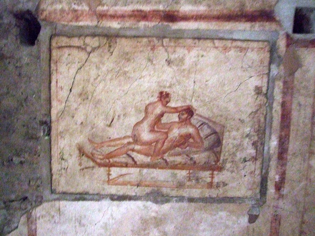 VI.15.1 Pompeii. December 2006. West wall, erotic painting in bedroom (x’), used either by servants or as a private brothel?