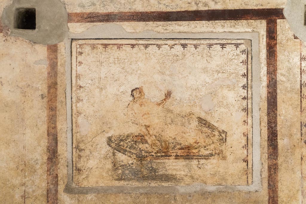 VI.15.1 Pompeii. March 2023. 
North wall, erotic painting in bedroom (x’), used either by servants or as a private brothel? Photo courtesy of Johannes Eber.

