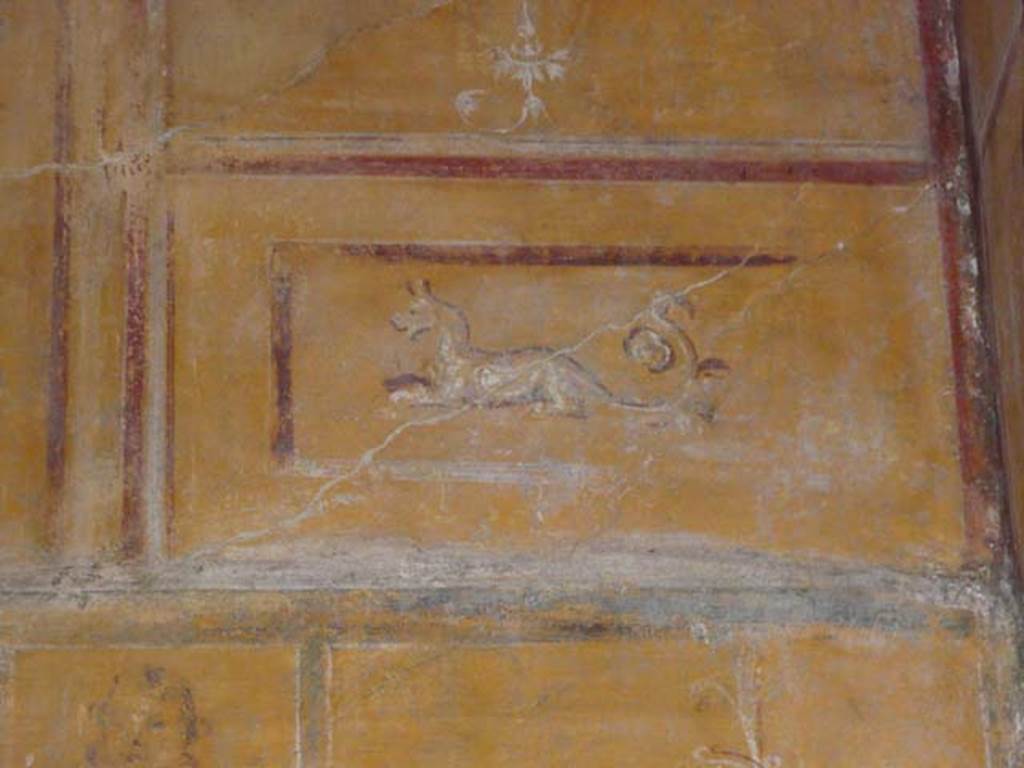 VI.16.7 Pompeii. June 2013. Room N, sea creature at north end of west wall. Photo courtesy of Buzz Ferebee.
