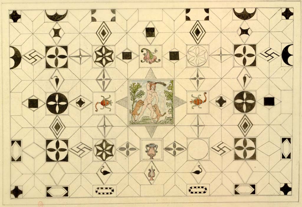 VI.17.25 or VI.17.25, Pompeii. Mosaic floor as drawn by Antoine-Marie Chenavard, c.1817.
See Chenavard, Antoine-Marie (1787-1883) et al. Voyage d'Italie, croquis Tome 3, pl. 102.
INHA Identifiant numérique : NUM MS 703 (3). See Book on INHA 
Document placé sous « Licence Ouverte / Open Licence » Etalab   
