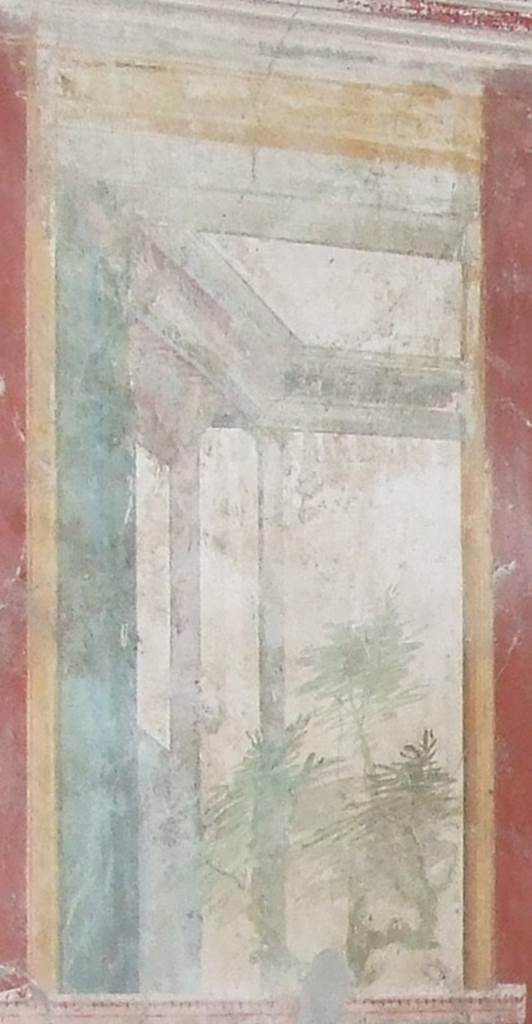 VI.17.42 Pompeii.March 2009. Second triclinium 19, west end of north wall. Architectural scene between the two muses which includes a garden with a leafy tree. See Aoyagi M. and Pappalardo U., 2006. Pompei (Regiones VI-VII) Insula Occidentalis. Napoli: Valtrend. (p. 108).