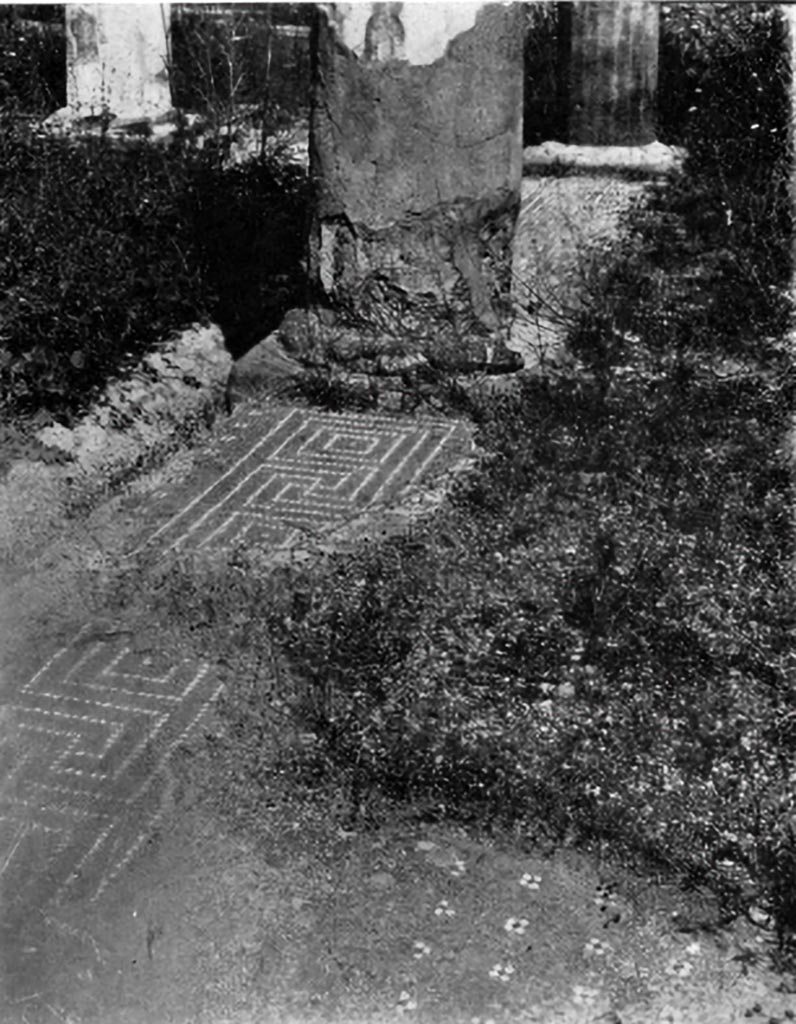 VII.2.16 Pompeii. c.1930. 
Flooring of portico in peristyle showing a field of crosses together with a meander border.
See Blake, M., (1930). The pavements of the Roman Buildings of the Republic and Early Empire. Rome, MAAR, 8, (p.28, ftn 1, & Pl.4, fig.2)
