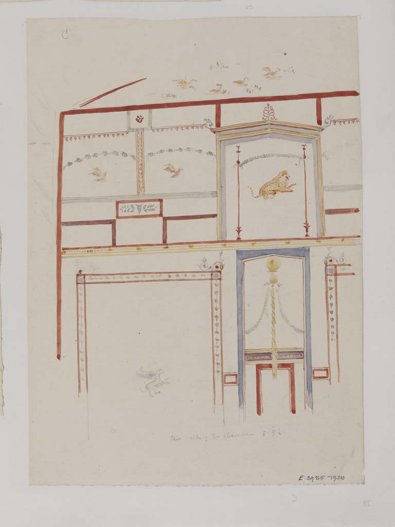 VII.4.31/51 Pompeii. c.1840. Watercolour painting by James William Wild, looking towards a vaulted wall in cubiculum 33.
Photo  Victoria and Albert Museum, inventory number E.3985-1938.
(Note: according to PPM, this is showing the north wall of the cubiculum, the one with the circular window at the top of the wall.
However, as James William Wild did not show a window, one assumes this could be the other vaulted wall at the south end.)
See Carratelli, G. P., 1990-2003. Pompei: Pitture e Mosaici, 6. Roma: Istituto della enciclopedia italiana, p.1097, and fig. 148).
