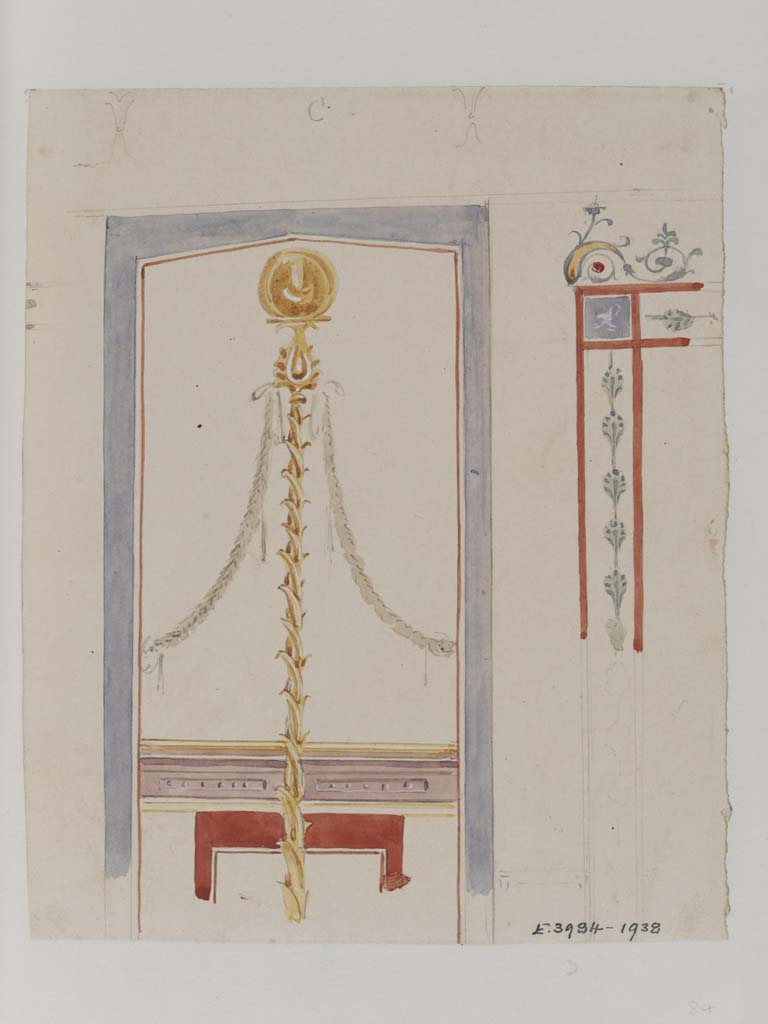VII.4.31/51 Pompeii. c.1840. 
Watercolour painting by James William Wild, showing detail of central globe and top of side panels on vaulted wall of cubiculum 33.
Photo  Victoria and Albert Museum, inventory number E.3984-1938.

