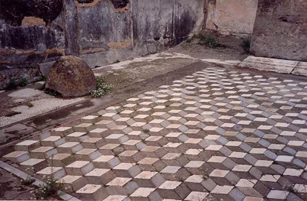VII.7.32 Pompeii. Temple cella. Looking north-west across Opus sectile floor with omphalos on west, to left.
