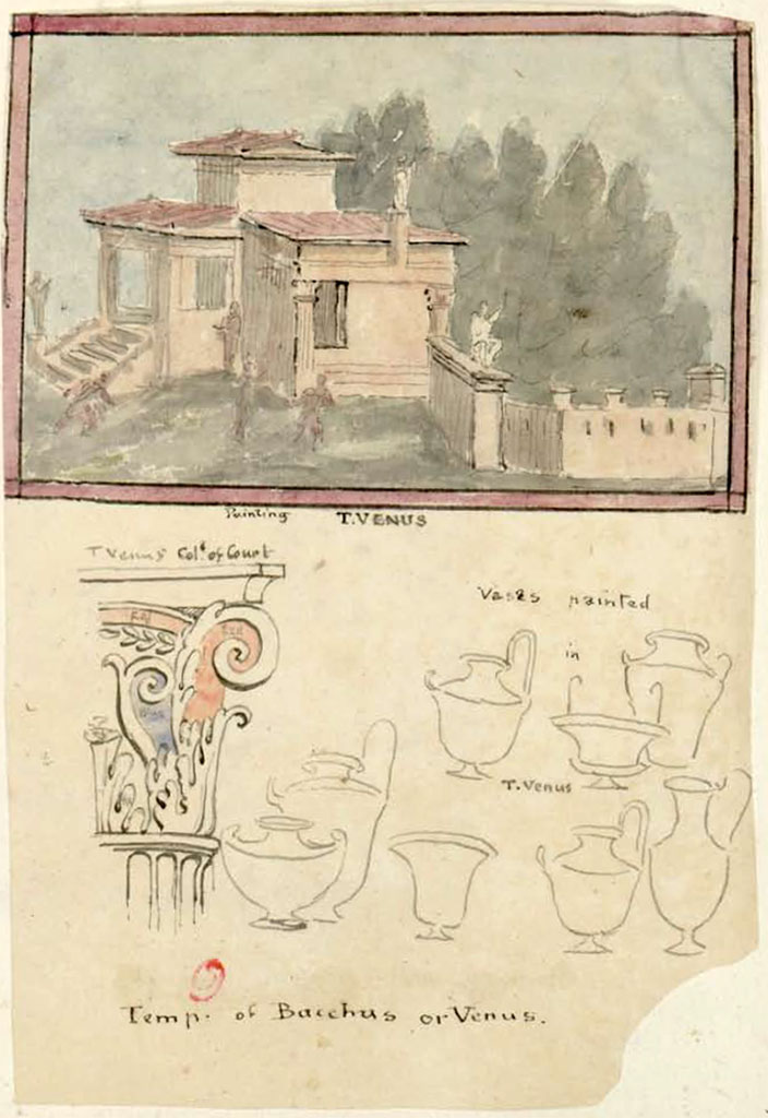 VII.7.32 Pompeii. c.1821, 
According to Gell,
“The advancing colonnade, without a roof, strikes at first as being useless; but it was probably intended for training vines, of which the inter-clustered leaves and fruit formed a much cooler and more agreeable shade than stone. In the distance appears a marine villa.”
See Gell, W, and Gandy J. P., 1821. Pompeiana: 2nd edition. London: Rodwell and Martin, (p.233, plate LIX) 

