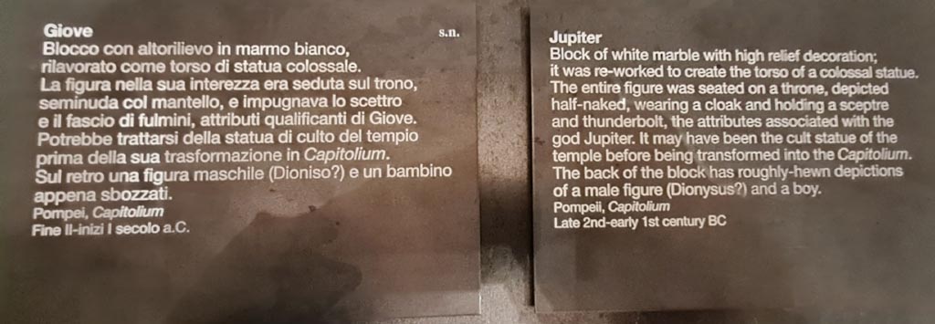 VII.8.1 Pompeii. April 2023. Descriptive card for torso of Jupiter. Photo courtesy of Giuseppe Ciaramella.