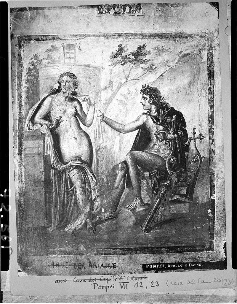VII.12.23 Pompeii. Room to west of garden, west end of south wall. 
Painting of Apollo and a female figure (Daphne?), today the painting is totally destroyed but shown in this old photograph.
DAIR 72.561. Photo © Deutsches Archäologisches Institut, Abteilung Rom, Arkiv. 
