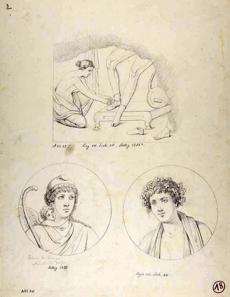 VII.12.23 Pompeii. Drawing by Nicola La Volpe, of paintings from the walls of the triclinium. None of these now survive.
The central painting on the north wall would have been the fragment of the Dressing of Paris (Helbig 1386c).
The medallions would have shown Paris and a cupid (Helbig 1273) and a head of a young person crowned with ivy (Helbig 1524).
The medallions would have been seen in the side panels of the side wall of the triclinium.
See Helbig, W., 1868. Wandgemälde der vom Vesuv verschütteten Städte Campaniens. Leipzig: Breitkopf und Härtel, (nos. 1273 and 1524)
Now in Naples Archaeological Museum. Inventory number ADS 741.
Photo © ICCD. http://www.catalogo.beniculturali.it
Utilizzabili alle condizioni della licenza Attribuzione - Non commerciale - Condividi allo stesso modo 2.5 Italia (CC BY-NC-SA 2.5 IT)
