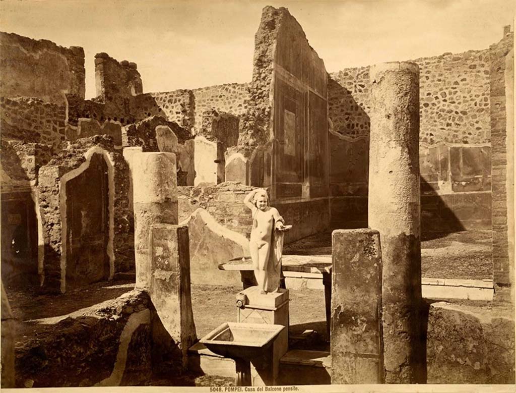 VII.12.28 Pompeii. C.1880? Looking north past fountain and statue in garden area. Photo by Giacomo Brogi no. 5048.