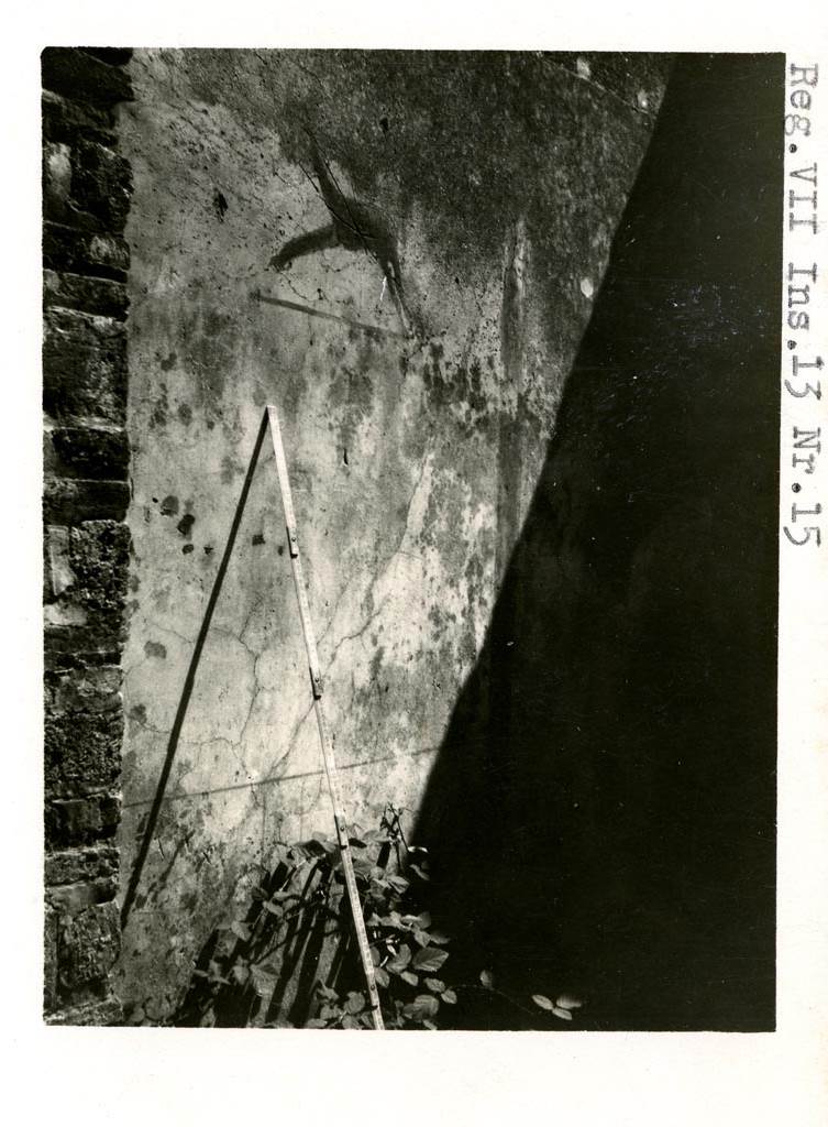 Mystery photo. Warsher numbered this as VII.13.15 – judging by the edge of the brick doorway – it may be –
VII.13.16 Pompeii. Pre-1937-39. Looking towards remaining decorated south wall at side of entrance doorway.
Photo courtesy of American Academy in Rome, Photographic Archive. Warsher collection no. 1642.
