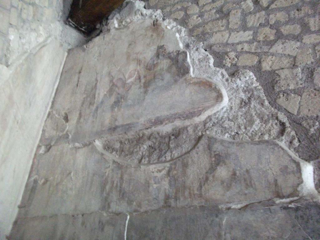 VII.16.a Pompeii. May 2010. Corridor B, upper south wall. Remains of plaster painted with scenes of gladiators.