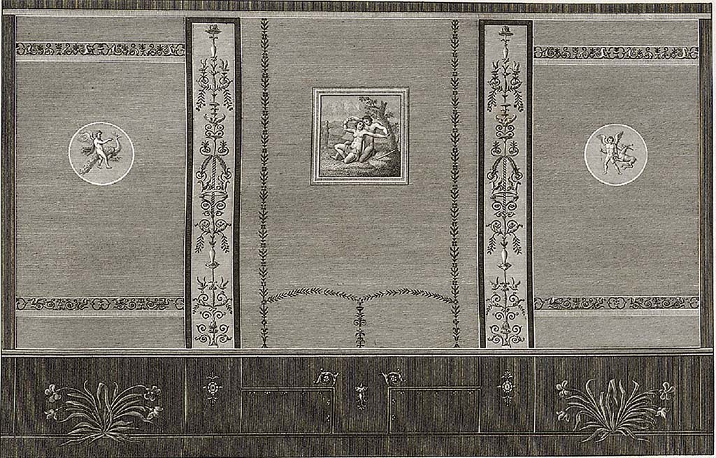 VIII.2.1 Pompeii. 1824 drawing by Mazois of west wall in triclinium, or cubiculum (n in PPP).
See Mazois, F., 1824. Les Ruines de Pompei: Second Partie. Paris: Firmin Didot. (Plate XXIII fig. 1).
