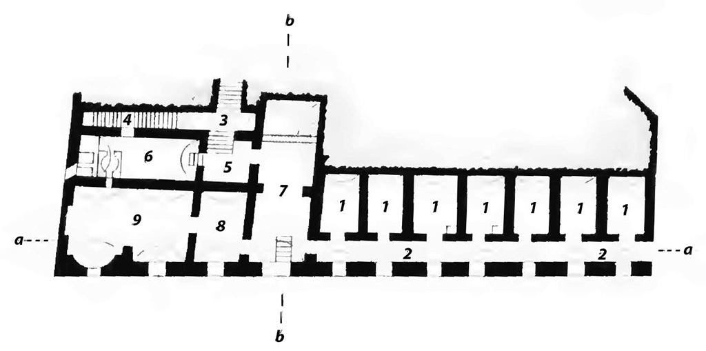 VIII.2.18 Pompeii. Plan drawn in BdI, 1890, showing the area on level 4.
Room 7 on above plan is the apodyterium, or waiting room, also described as frigidarium, no.53, with the plunge pool at the north end, no.54.  
Room 8 is the tepidarium.
Room 9 is the caldarium.
See Bullettino dellInstituto di Corrispondenza Archeologica (DAIR), 05, 1890, Tav. 6,1 (plan), p.130-138, (for description of rooms).
