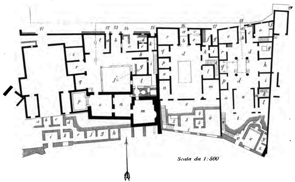 VIII.2.26 Pompeii. Plan of house and adjacent houses VIII.2.22-28. (Street level floor in dark black, lower floor in grey.) 
(Note: different room numbers again). 
According to Mau (in BdI Mitteilungen), these houses were unearthed, incompletely however, at the time of the first excavations, and then reburied. 
See Bullettino dell’Instituto di Corrispondenza Archeologica (DAIR), 1888, (p.181, and Tav. VII)

