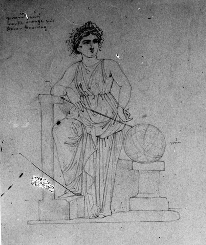 IX.1.20 Pompeii. W.338. Room 9, drawing of Urania, from panel at north end of east wall.
Photo by Tatiana Warscher. Photo © Deutsches Archäologisches Institut, Abteilung Rom, Arkiv. 
