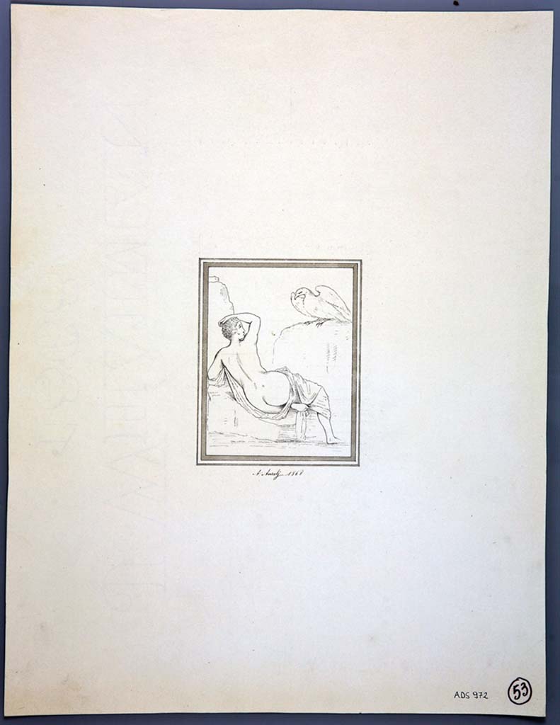 IX.2.7 Pompeii. Drawing by Aurelio Aurelj, 1868, for comparison with the above drawing by La Volpe which was made three years earlier.
The painting has now totally disappeared from the wall. 
Now in Naples Archaeological Museum. Inventory number ADS 972.
Photo  ICCD. http://www.catalogo.beniculturali.it
Utilizzabili alle condizioni della licenza Attribuzione - Non commerciale - Condividi allo stesso modo 2.5 Italia (CC BY-NC-SA 2.5 IT)

