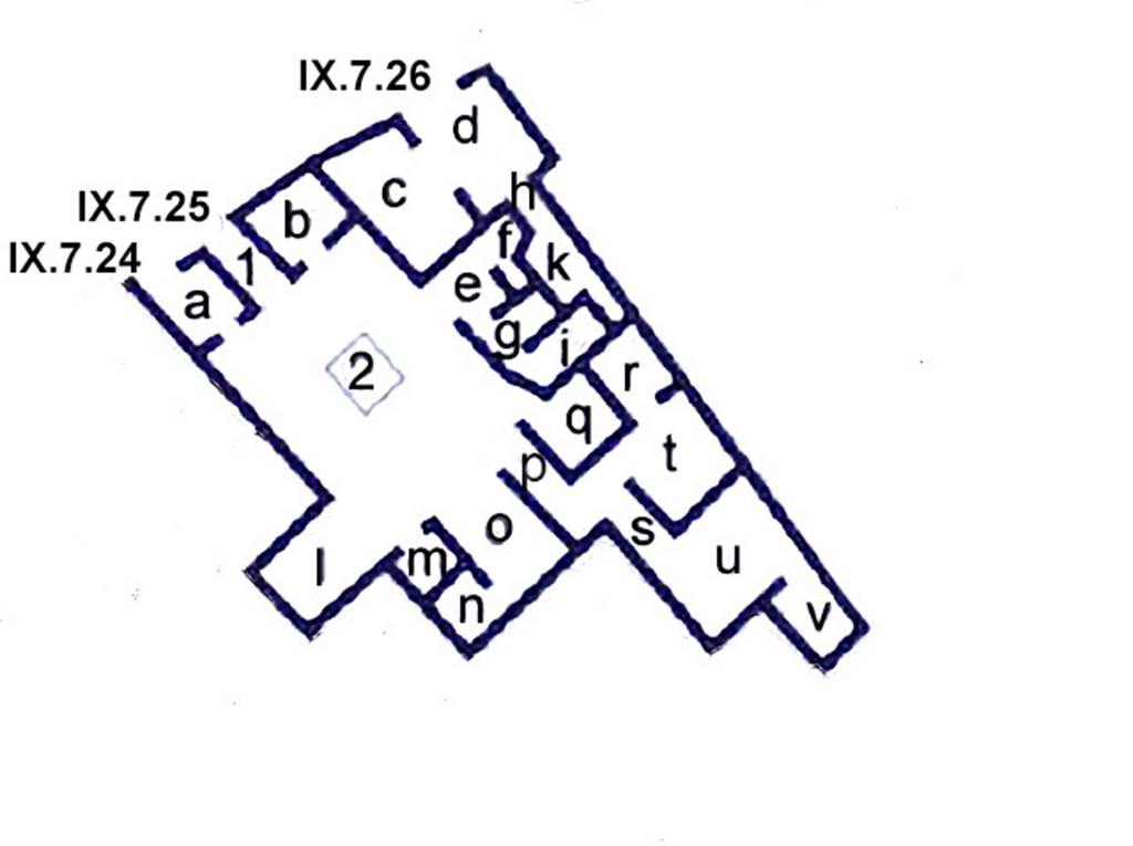 IX.7.24 Pompeii. Combined plan of IX.7.24, IX.7.25 and IX.7.26. Based on plan in PPM.
See Carratelli, G. P., 1990-2003. Pompei: Pitture e Mosaici.  Roma: Istituto della enciclopedia italiana, Vol. IX, p. 870.
