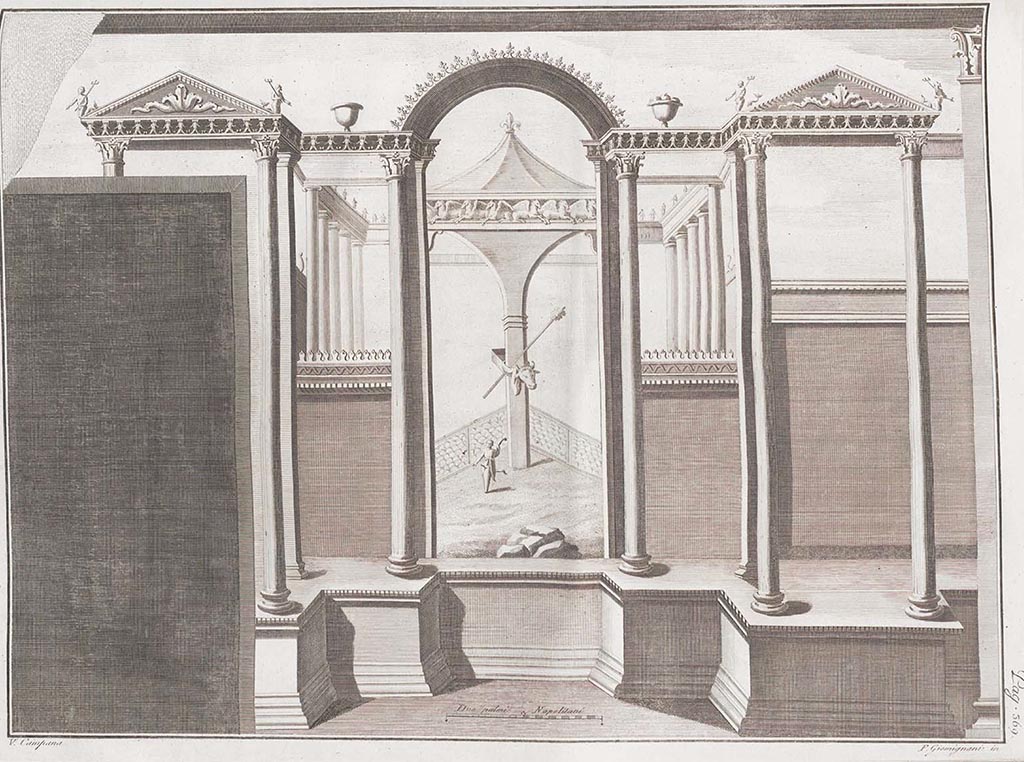 HGW24 Pompeii. Drawing of wall of room, with doorway on left.
Drawn by V. Campana and engraved by F. Giomignani.
See Le antichità di Ercolano esposte Tomo 7 Le pitture Antiche di Ercolano 5, 1779. (No. LXXXIII).
According to Eristov –
This is a drawing of the north wall of area 35, a room on the south side of the tablinum (22). We have not photographed this room.
The doorway on the left would have led into the tablinum.
See Villa Diomedes Project, base de données Images, http://villadiomede.huma-num.fr/bdd/images/20782 
(Villa Diomedes Project – area 35)
(Fontaine’s 4,3).
See Eristov, H. (2005). Décors méconnus de la Villa di Diomede (Piece 9, (fig.2 and 3) (p. 77-79).
