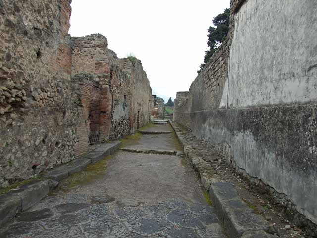 Vicolo del Fauno between VI.9 and VI.11. Looking north from VI.9.8. March 2009.