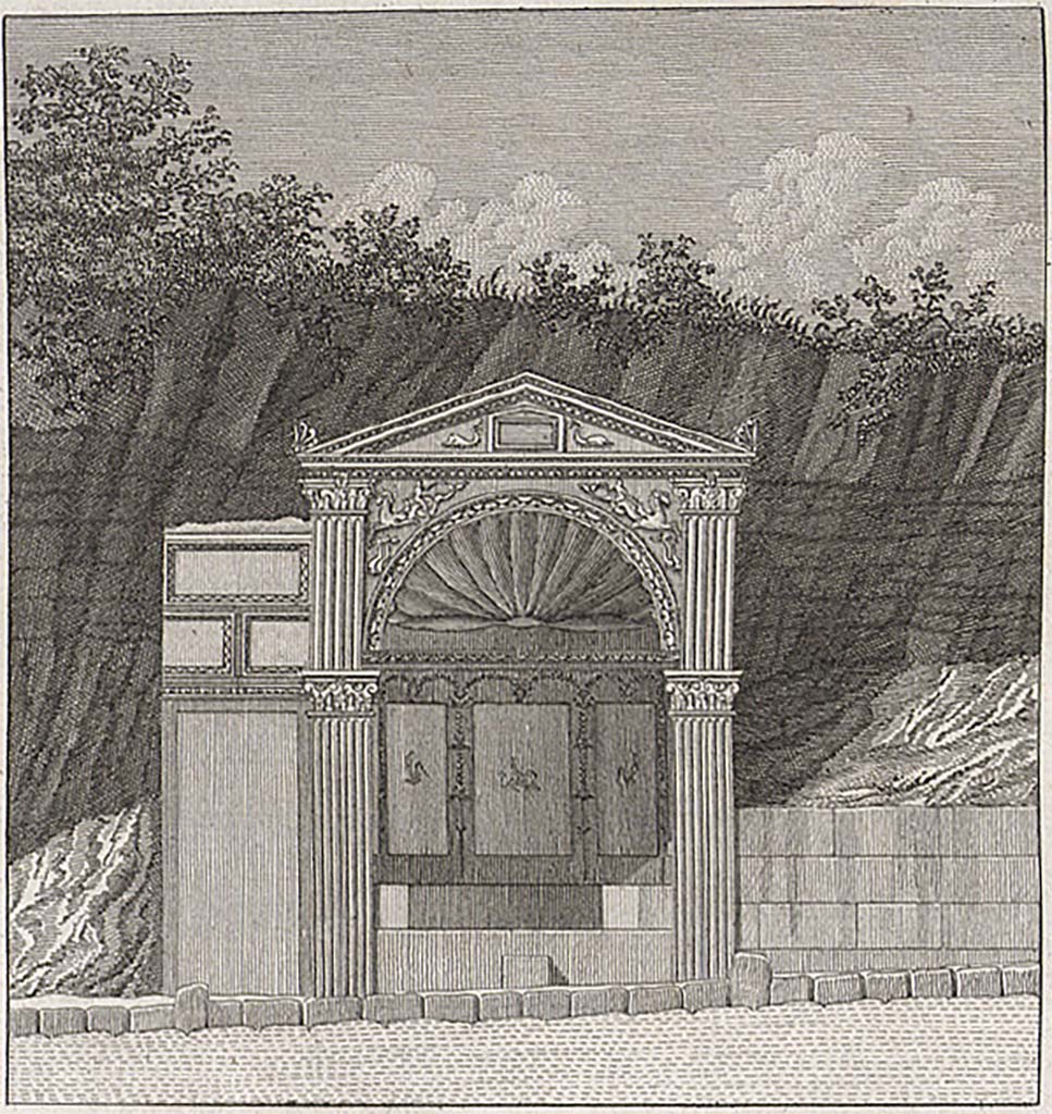 HGE09 Pompeii. 1824 drawing of tomb with HGE08 to right.
See Mazois, F., 1824. Les Ruines de Pompei: Premiere Partie. Paris: Didot Frères, (pl. 33,1).