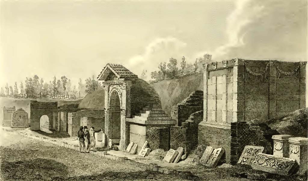 HGE09 Pompeii. 1824 drawing of tombs HGE05, HGE06, HGE07, HGE08 and HGE09.
See Gell, W, and Gandy J. P., 1819. Pompeiana. London: Rodwell and Martin, (pl. 12).
