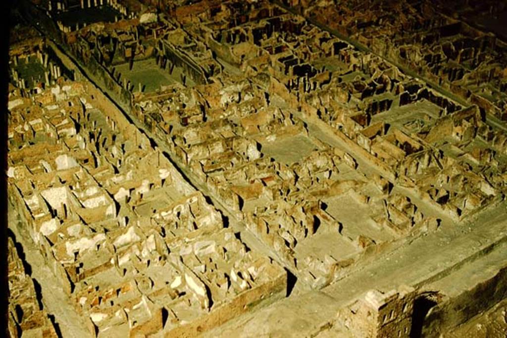 Tower X. Pompeii, situated lower right of photo. 1957. Looking south-west across model in Naples Museum from above the Walls. The northern end of VI.15 is on the left, with VI.11 in centre, and VI.9 on right. Photo by Stanley A. Jashemski.
Source: The Wilhelmina and Stanley A. Jashemski archive in the University of Maryland Library, Special Collections (See collection page) and made available under the Creative Commons Attribution-Non Commercial License v.4. See Licence and use details. J57f0556
