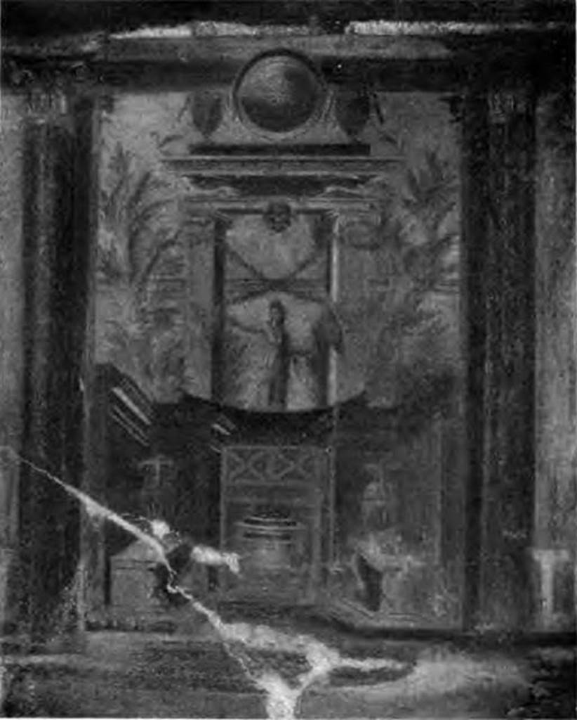 Villa of P Fannius Synistor at Boscoreale. 1900. Cubiculum M. Second panel from south end of east wall. According to Barnabei, this wall painting depicts a statue of Diana Lucina, with her arms outstretched. She is within a sacred portal wrapped in white ribbons. See Barnabei F., 1901. La villa pompeiana di P. Fannio Sinistore. Roma: Accademia dei Lincei. p.75, Fig. 18.