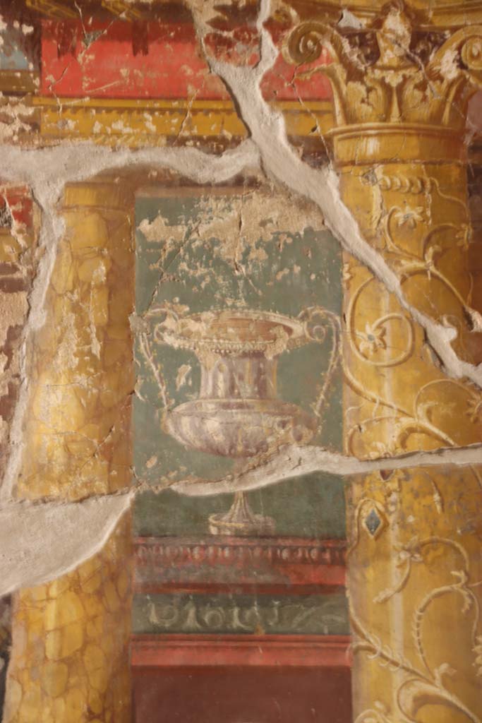 Oplontis Villa of Poppea, September 2021.  
Room 14, from left of central panel of west wall of triclinium. Photo courtesy of Klaus Heese.
