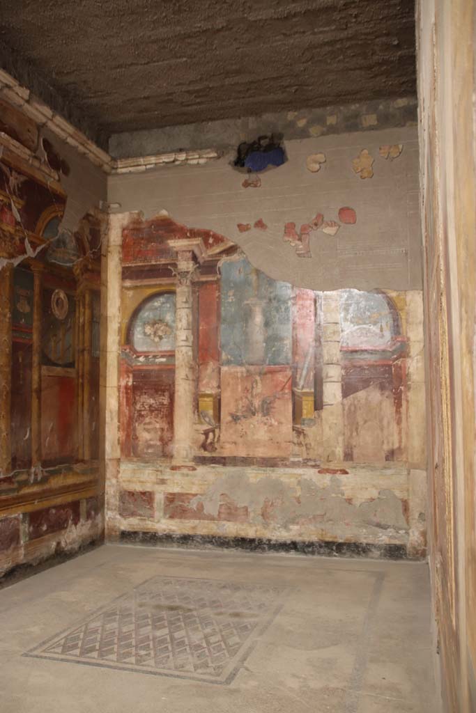Oplontis Villa of Poppea, September 2021.  
Room 14, looking towards north-west corner and north wall of triclinium. Photo courtesy of Klaus Heese.

